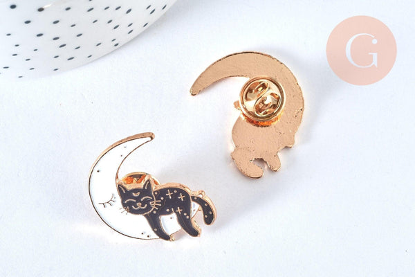 Broche pins chat noir et lune blanche doré émail 30mm,broche dorée, décoration veste,x1 G6799