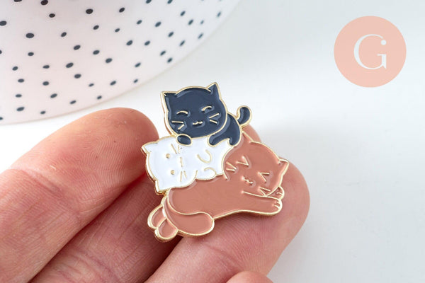 Broche pins chatons noir, blanc, marron doré émail 29x30.5mm,broche dorée, décoration veste,x1 G6320