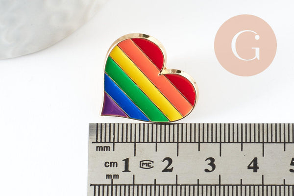 Broche pins coeur LGBT zamac doré arc-en-ciel 23mm, x1 (G9458)
