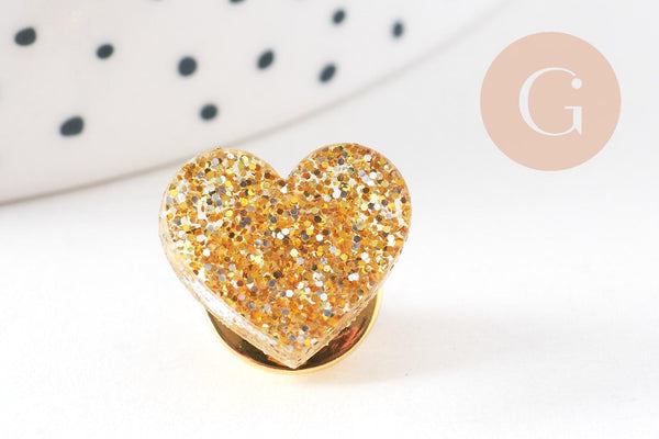 Broche pins coeur Plexiglas doré à paillettes 20mm, x1 (G10532)