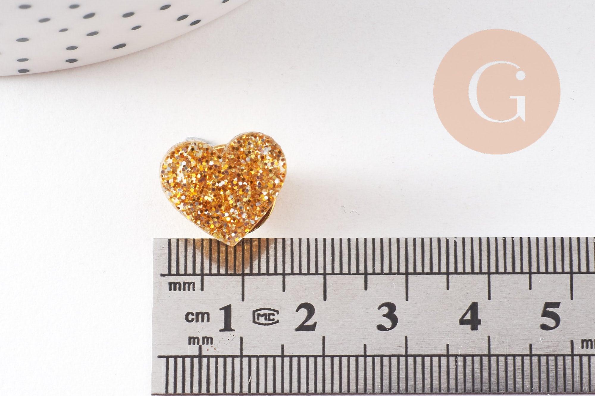 Broche pins coeur Plexiglas doré à paillettes 20mm, x1 (G10532)