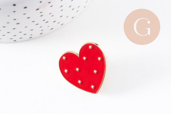 Broche pins coeur laiton doré émaillé rouge à pois 29mm, x1 (G5240)