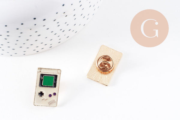 Broche pins console portable jeux vidéos doré émail noir 24x15mm, x1 (G5899)