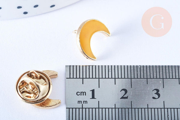 Broche pins croissant de lune mystique émail jaune doré émail 11x12.5mm, x1 (G6621)