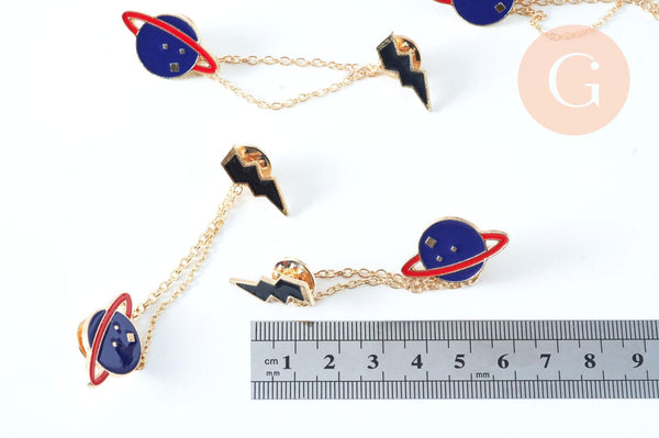 Broche pins double planète éclair doré émail ,broche dorée ,décoration veste,x1 G6381