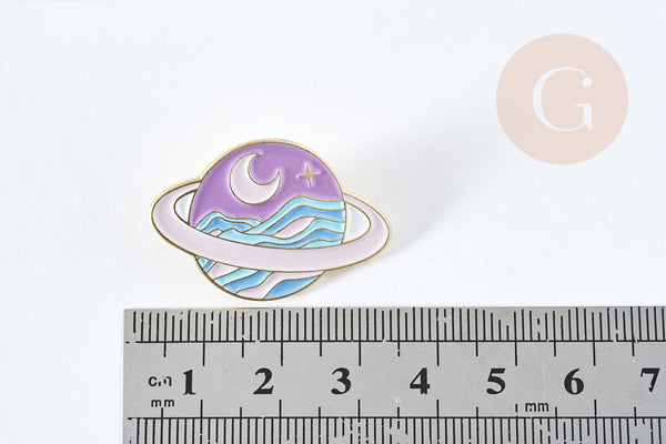 Broche pins planète éclair doré émail 32mm,broche dorée, décoration veste,x1 G8512