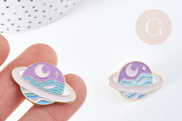 Broche pins planète éclair doré émail 32mm,broche dorée, décoration veste,x1 G8512