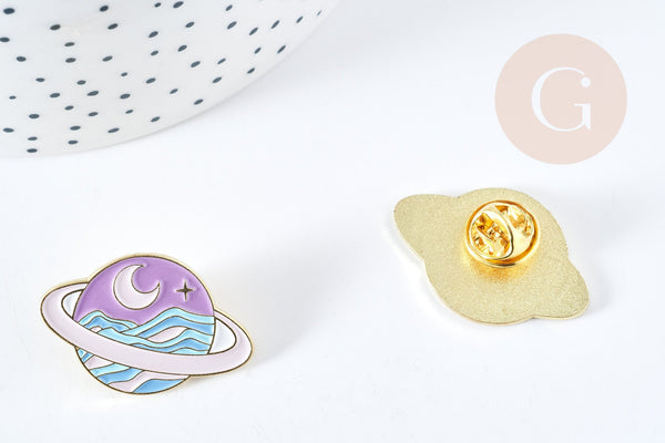 Broche pins planète éclair doré émail 32mm,broche dorée, décoration veste,x1 G8512
