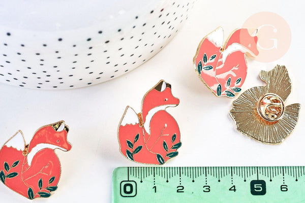 Broche pins renard roux doré émail orange 33mm ,x1 (G5552)