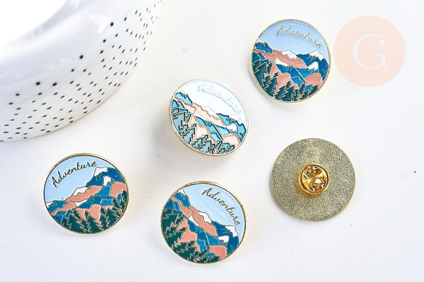 Broche pins rond motif montagne doré émail bleu,broche dorée, décoration veste, 31mm, x1 (G5556)
