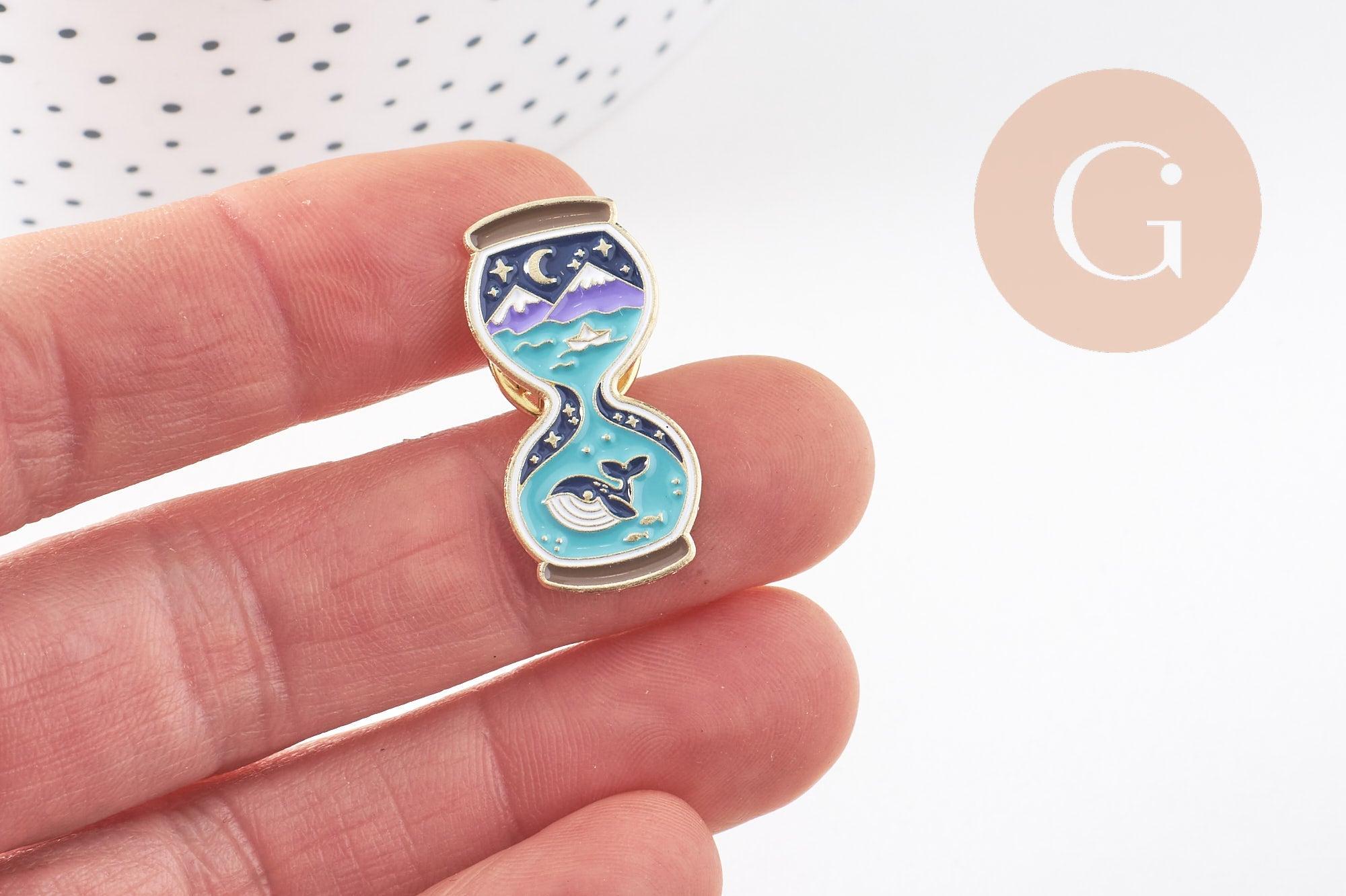 Broche pins sablier bleu baleine laiton doré émail 29.5x14mm,broche dorée,décoration veste,x1 G6234