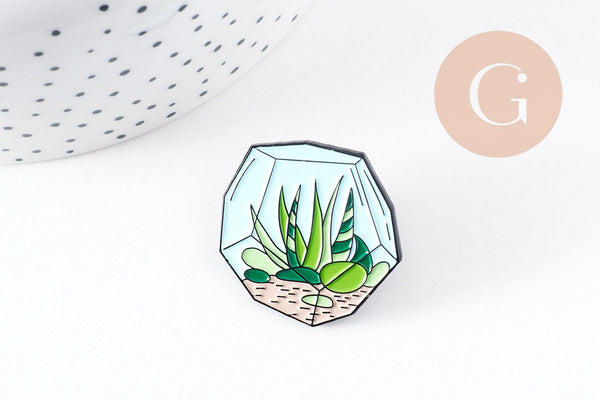 Broche pins terrarium plante avec émail 37.5mm, décoration veste, x1 (G5671)