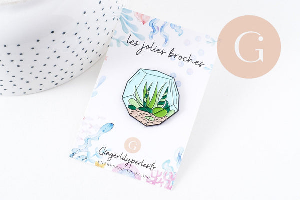 Broche pins terrarium plante avec émail 37.5mm, décoration veste, x1 (G5671)