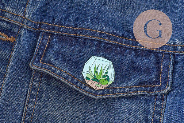 Broche pins terrarium plante avec émail 37.5mm, décoration veste, x1 (G5671)