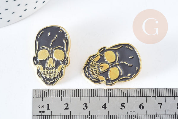 Broche pins tête de mort mystique doré émail noir 32.5mm, x1 (G8504)