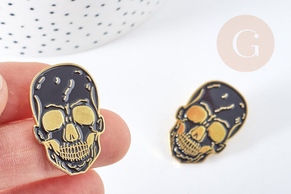 Broche pins tête de mort mystique doré émail noir 32.5mm, x1 (G8504)