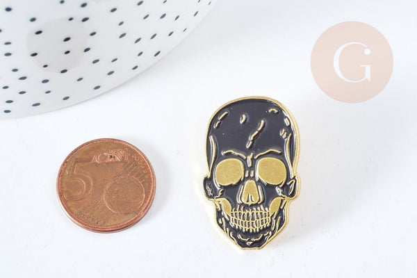 Broche pins tête de mort mystique doré émail noir 32.5mm, x1 (G8504)