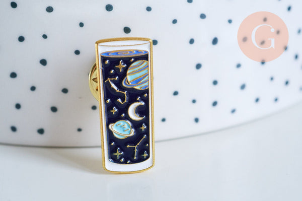 Broche pins verre mystique lune et étoiles émail bleu doré émail 27.5mm,broche dorée,décoration veste,x1 G6716