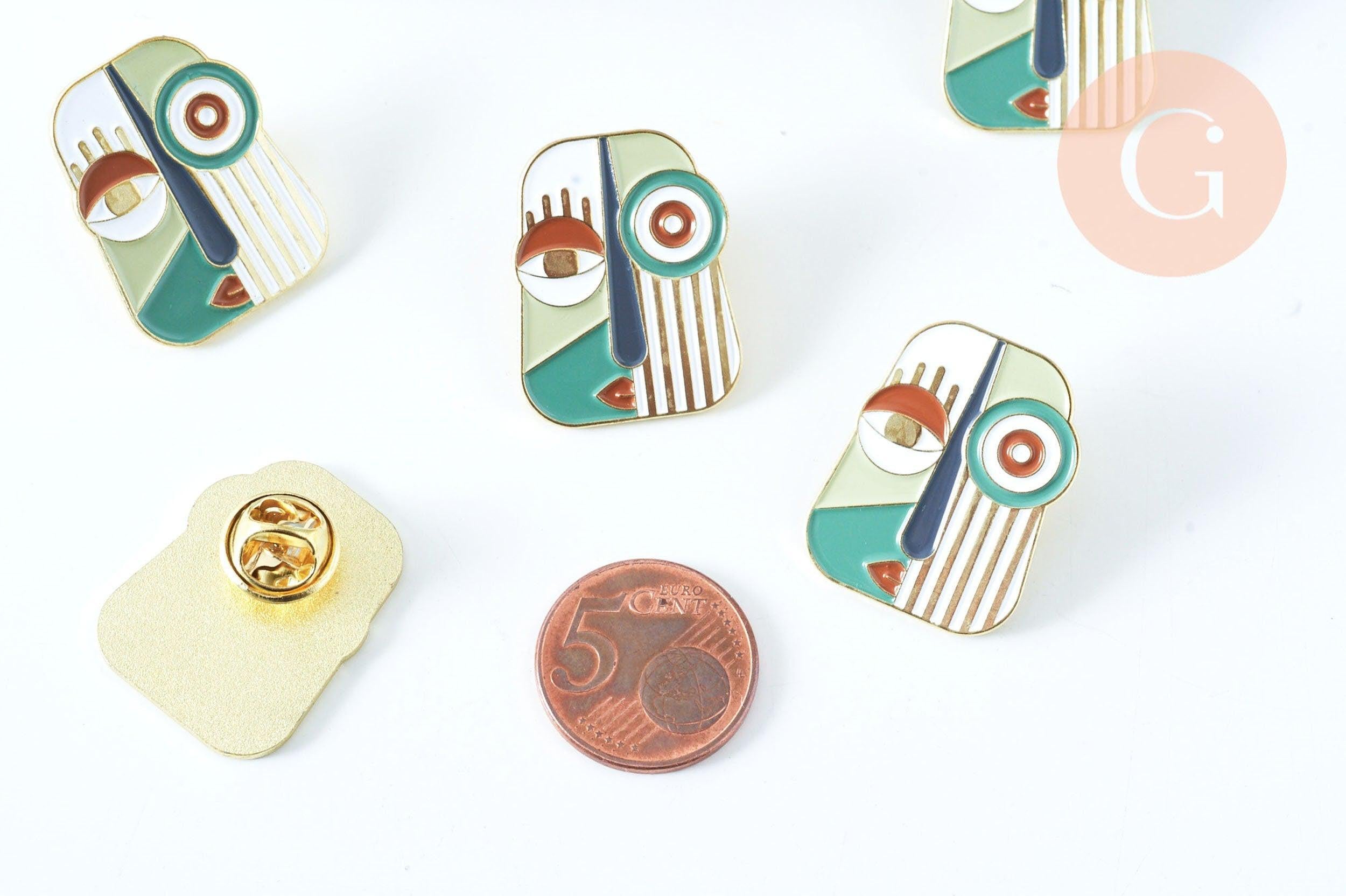 Broche pins visage art moderne doré émail 28x22mm,broche dorée,décoration veste,x1 (G6376)