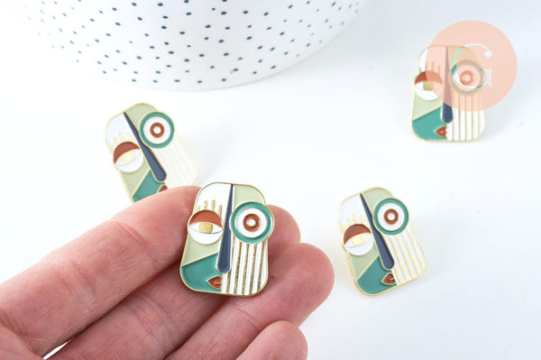 Broche pins visage art moderne doré émail 28x22mm,broche dorée,décoration veste,x1 G6376