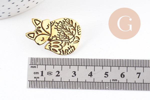 Broche renard gravée acier 304 inoxydable doré 35mm, décoration veste, x1 (G9782)