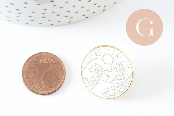 Broche ronde vague blanc zamac doré émail 26mm,broche dorée, décoration veste, x1 (G9748)