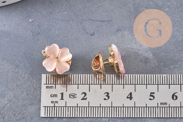 Broche trèfle à 4 feuilles zamac doré verre rose 13.5mm, x1 (G10991)
