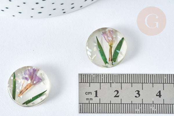 Cabochon Rond résine fleurs séchées et nacre 20mm, x1 (G7443)