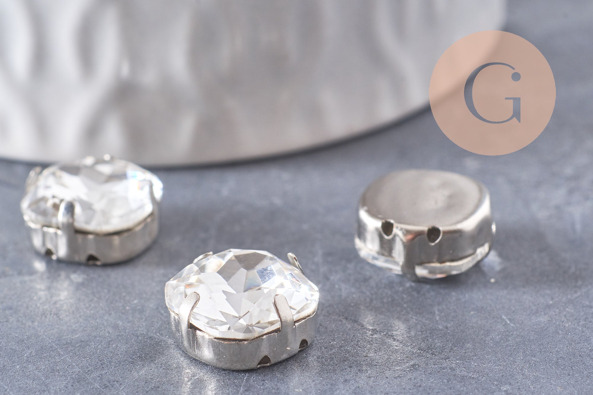 Cabochon carré cristal métal platine à coudre12mm, x5 (G0456)