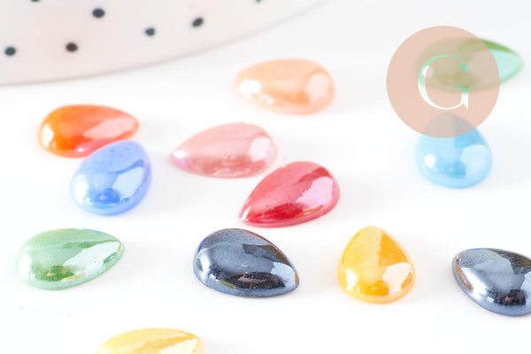Cabochon dôme goutte verre irisé 12mmx8mm, x10 (4.6g) (G0119)