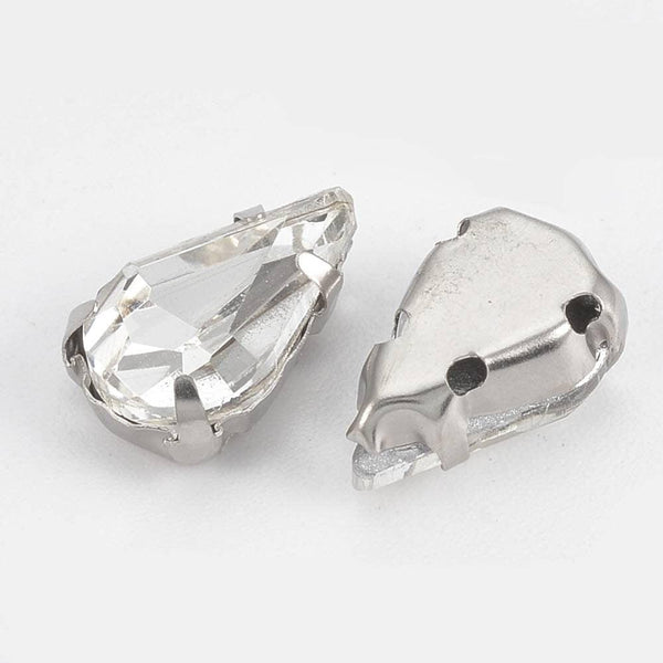 Cabochon goutte cristal transparent métal platine à coudre 6x10mm, x5 (G0021)
