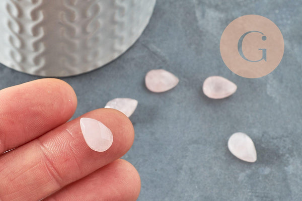 Cabochon goutte quartz rose facetté naturel 13x8mm, x1 (G9962)