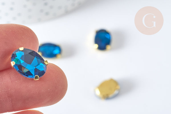 Cabochon ovale cristal bleu intense avec serti en laiton doré 14x10mm, x5 (G8115)