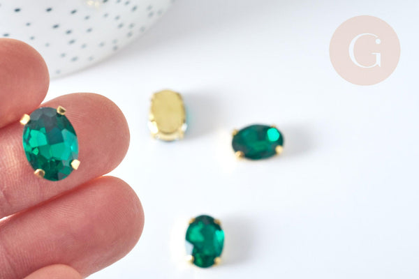 Cabochon ovale cristal vert emeraude avec serti en laiton doré 14x10mm, x5 (G8113)