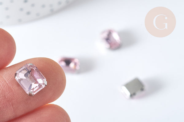Cabochon rectangle cristal rose clair avec serti en laiton argenté 8x10mm, x5 (G8114)