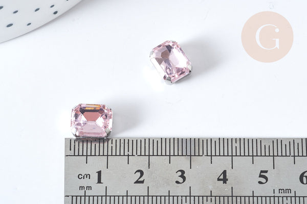 Cabochon rectangle cristal rose clair avec serti en laiton argenté 8x10mm, x5 (G8114)