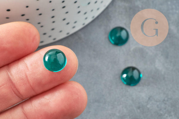 Cabochon rond verre lisse turquoise foncé 10mm, x1 (G8605)