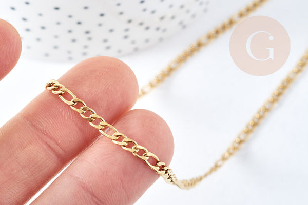 Chaine Figaro complète avec fermoir acier 304 inoxydable doré IP 3mm,45.5cm, création collier acier inoxydable, x1 G8794
