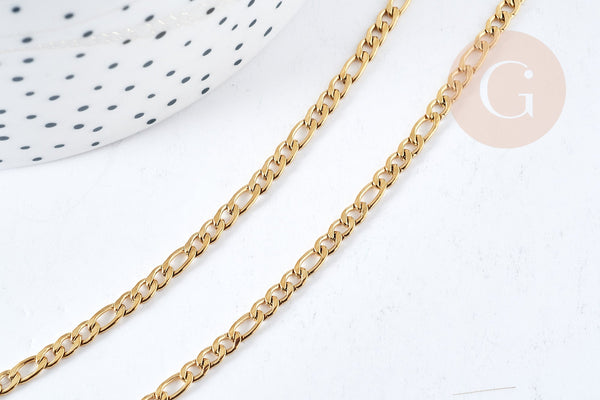 Chaine Figaro complète avec fermoir acier 304 inoxydable doré IP 3mm,45.5cm, création collier acier inoxydable, x1 G8794