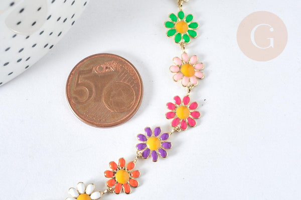 Chaine Fleur marguerite laiton doré émail multicolore 13,5~14mm, x1 mètre (G7451)