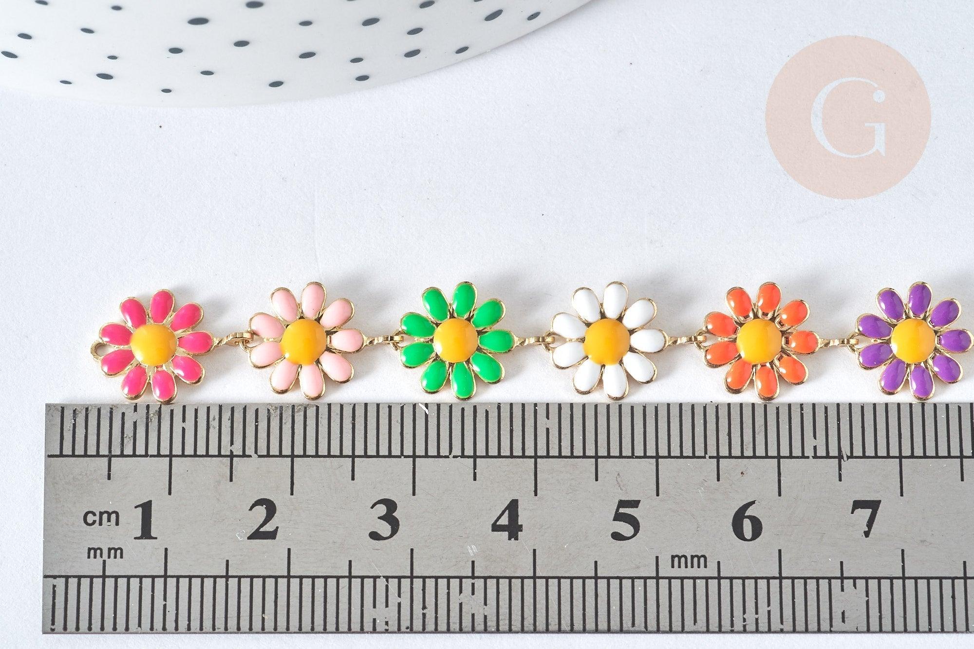 Chaine Fleur marguerite laiton doré émail multicolore 13,5~14mm, x1 mètre (G7451)