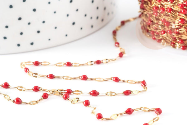 Chaine acier 304 dorée IP 14K fantaisie résine rouge 2mm, x1 mètre (G1566)