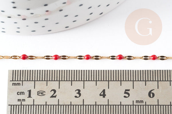 Chaine acier 304 dorée IP 14K fantaisie résine rouge 2mm, x1 mètre (G1566)