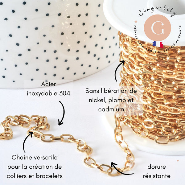 Chaine acier 304 inoxydable IP doré 18k maille ovale 7mm, x1 mètre (G8415)