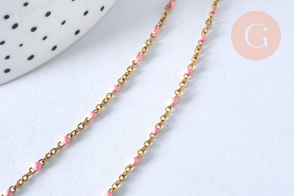 Chaine acier 304 inoxydable doré 14k fantaisie résine rose 2mm-45cm, x1 (G1810)
