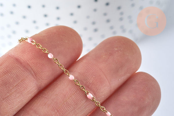 Chaine acier 304 inoxydable doré 14k fantaisie résine rose 2mm-45cm, x1 (G1810)