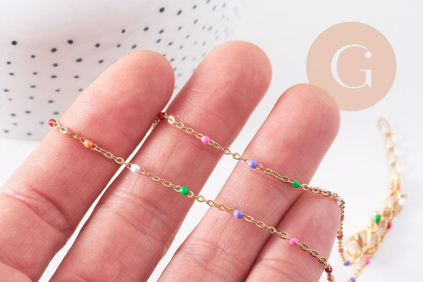 Chaine acier 304 inoxydable doré 14k résine multicolore 2mm-41cm, x1 (G10240)