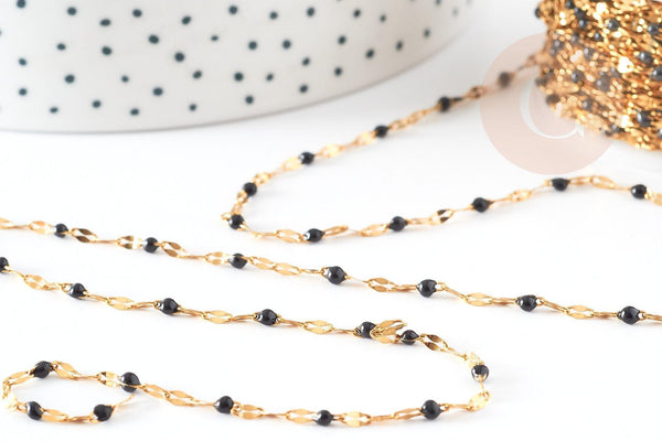 Chaine acier 304 inoxydable doré IP 14K résine noire 2mm, x1 mètre (G0103)