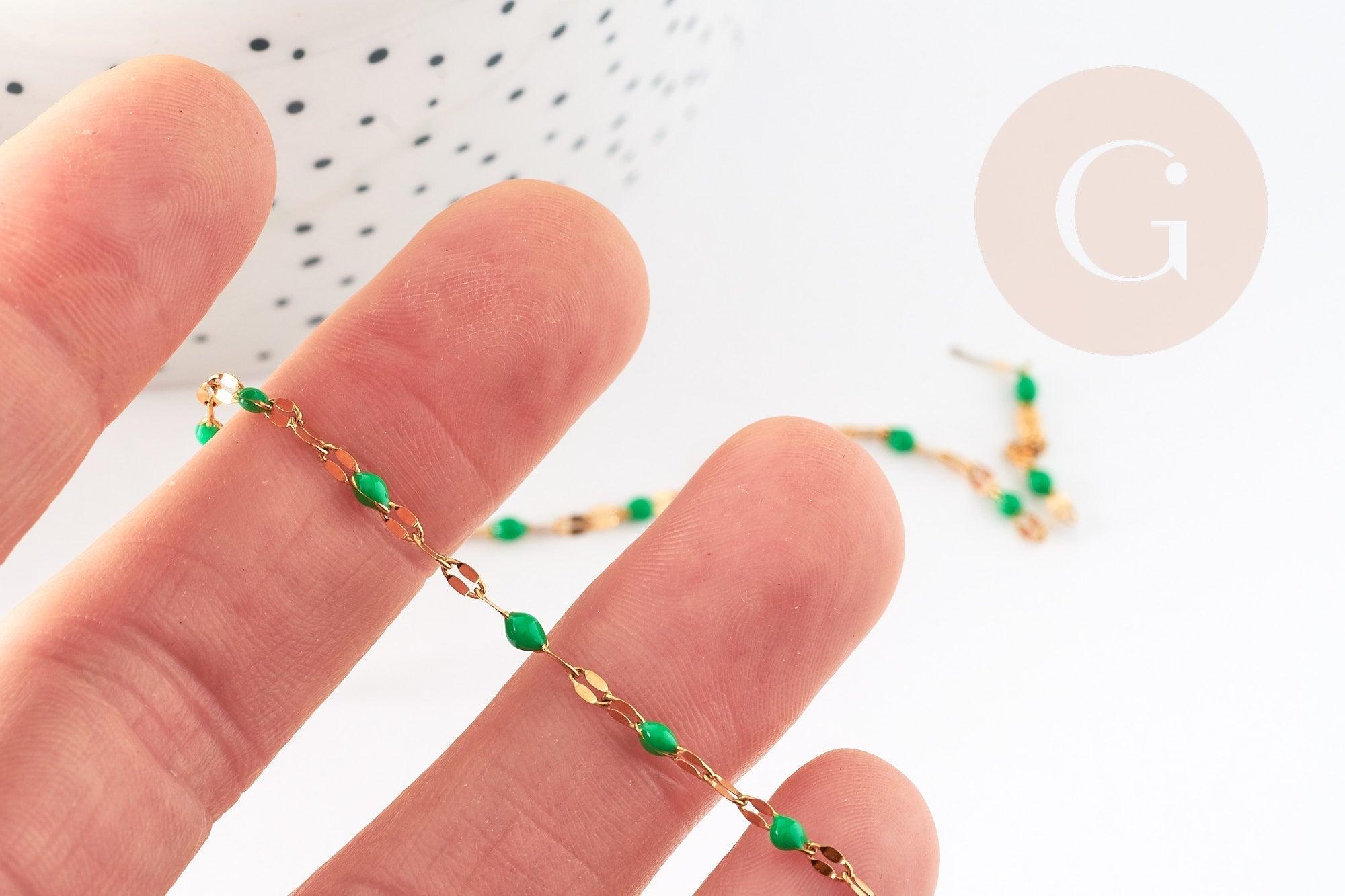 Chaine acier 304 inoxydable doré IP 14k résine verte 2mm, x1 mètre (G0941)