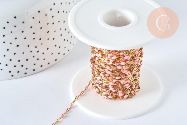 Chaine acier 304 inoxydable doré IP fantaisie émail rose clair 4-10mm, x1 mètre (G6828)